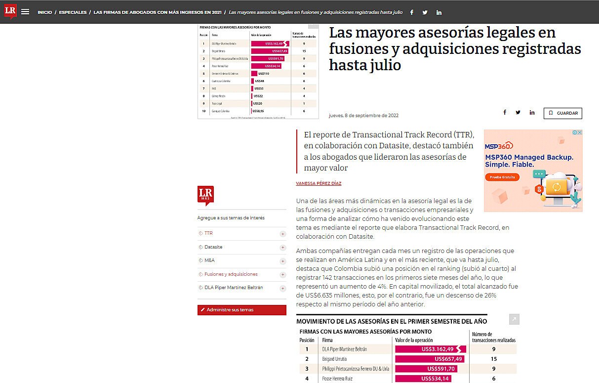 Las mayores asesoras legales en fusiones y adquisiciones registradas hasta julio